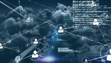 Animation-Eines-Netzwerks-Von-Verbindungen-Mit-Symbolen-Und-Datenverarbeitung-über-Einem-Himmel-Mit-Wolken