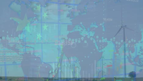Animación-Del-Procesamiento-De-Datos-Sobre-Turbinas-Eólicas,-Mapa-Mundial-Y-Bandera-De-China