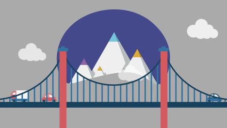 Animation-of-mountains-and-bridge-on-gray-background