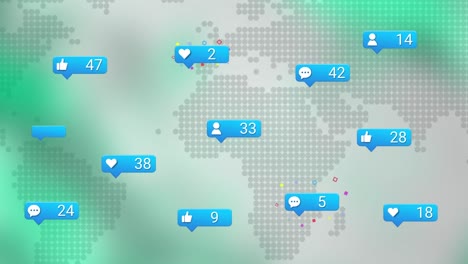 Animation-Von-Weltkarten--Und-Mediensymbolen-Auf-Grünem-Hintergrund