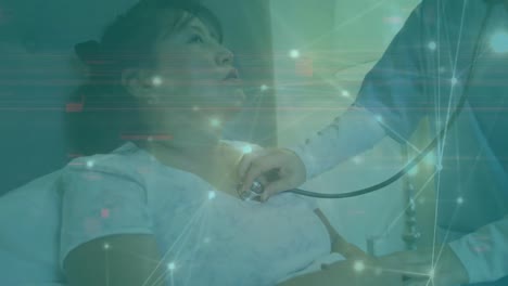 Animation-of-network-of-connections-over-asian-female-doctor-treating-patient