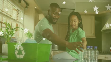 Animation-Von-Sternsymbolen-über-Afroamerikanischem-Vater-Und-Tochter,-Die-Den-Müll-Trennen