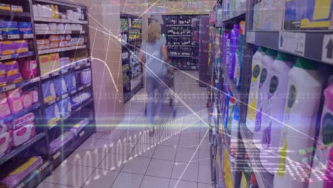 Animation-of-data-processing-over-caucasian-woman-in-shop