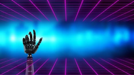 Animation-of-on-robotic-hand-over-blue-light-on-black-background