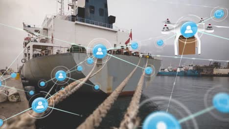 Animation-of-network-of-connections-with-icons-and-digital-drone-over-shipyard