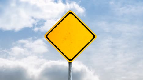 Animation-of-road-sign-and-clouds-on-blue-background