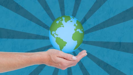 Animation-of-hand-with-globe-over-blue-background