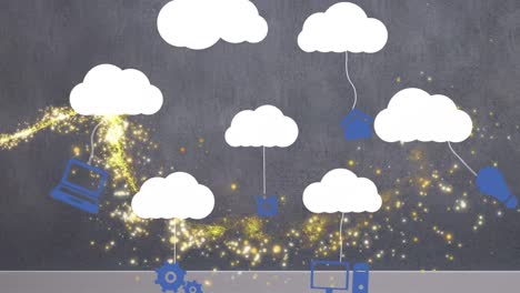 Animation-of-cloud-icons-text-over-grey-background