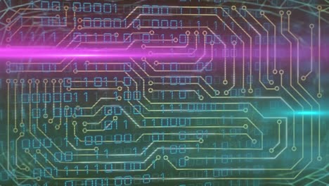 Animation-of-light-trails-over-computer-circuit-board-and-data-processing-on-black-background