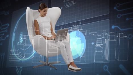 Animation-of-digital-city-and-data-processing-over-caucasian-woman-using-laptop