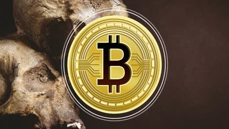 Animation-of-skull-and-bitcoin-over-black-background