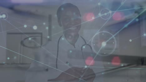 Animation-of-network-of-connections-over-african-american-female-doctor-smiling