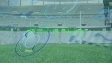 Animation-of-data-processing-and-scope-scanning-over-african-american-rugby-player-at-stadium