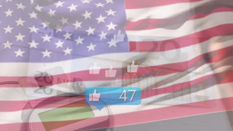 Animation-of-media-icons-over-flag-of-usa-and-banknotes