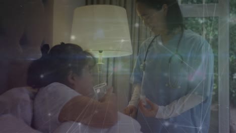 Animation-Des-Netzwerks-Von-Verbindungen-über-Eine-Asiatische-Ärztin,-Die-Patientin-Behandelt