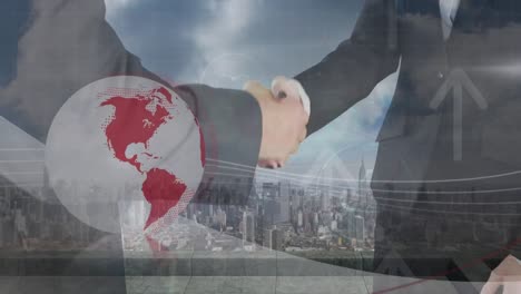 Animation-of-globe-and-arrows-over-caucasian-businessmen-handshake-and-cityscape