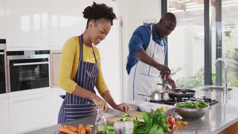 Video-Eines-Glücklichen-Afroamerikanischen-Paares,-Das-Gemeinsam-In-Der-Küche-Eine-Mahlzeit-Zubereitet