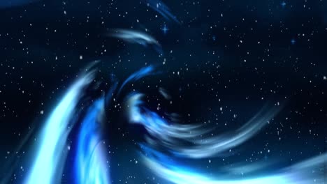 Animation-of-spiral-of-blue-light-over-white-particles-falling-on-black-background
