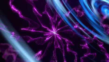 Animation-of-blue-lights-spirals-over-glowing-purple-smoke-on-black-background
