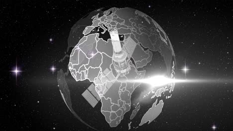 Animation-Eines-Satelliten-über-Dem-Globus,-Der-Sich-Auf-Schwarzem-Hintergrund-Dreht