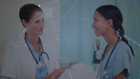 Animation-of-connections-over-happy-diverse-female-doctors