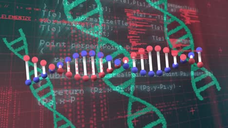 Animation-of-diverse-data-processing-and-dna-on-black-and-red-background