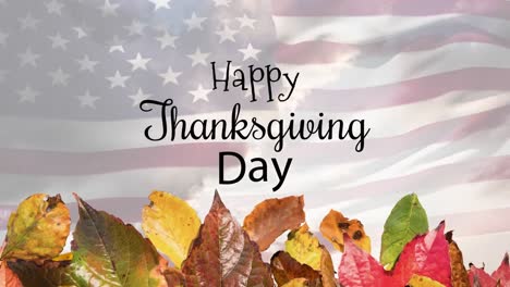 Animation-of-happy-thanksgiving-day-text-over-autumn-leaves-on-flag-of-usa-background