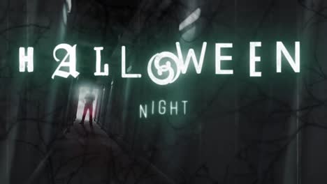 Animation-Eines-Halloween-Nachttextes-über-Einem-Beschädigten-Film-Einer-Hinterleuchteten-Figur-Am-Ende-Eines-Dunklen-Korridors