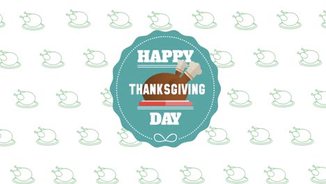 Animation-of-happy-thanksgiving-day-text-over-roast-turkey-on-circle-and-white-background