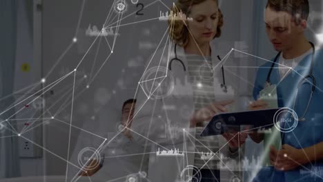 Animation-of-network-of-connections-over-caucasian-female-and-male-doctors