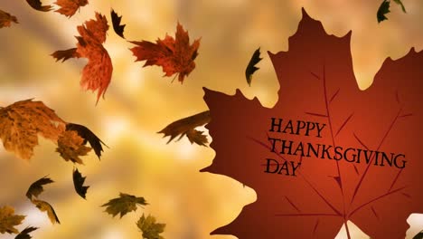 Animation-of-happy-thanksgiving-day-text-over-autumn-leaf-on-orange-background