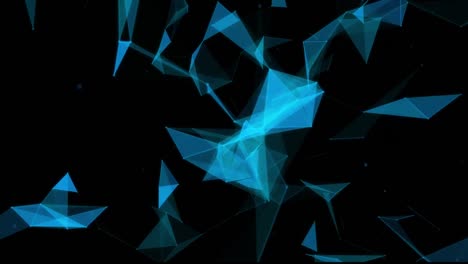 Animation-of-blue-electrical-current-over-blue-3d-shapes-moving-on-black-background