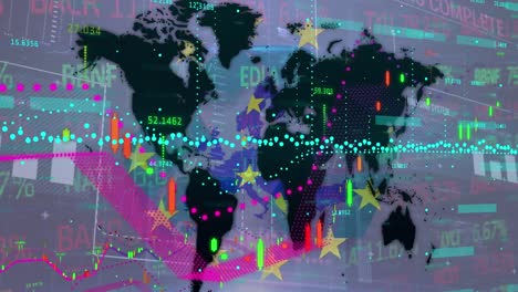 Animation-of-data-processing-and-world-map-over-flag-of-eu-and-stock-market