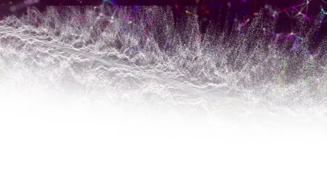 Animation-of-colourful-connections-rotating-over-waves-of-white-particles-moving-on-black-background