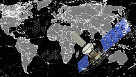 Animation-Des-Satelliten-über-Der-Weltkarte-Und-Zahlenverarbeitung-Auf-Schwarzem-Hintergrund