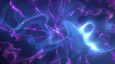 Animation-of-glowing-liquid-blue-light-over-purple-smoke-on-black-background