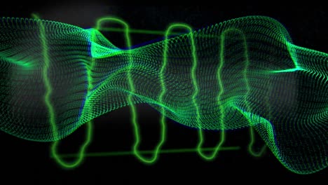 Animation-of-green-wavebands-moving-over-3d-green-mesh-structure-floating-on-black-background