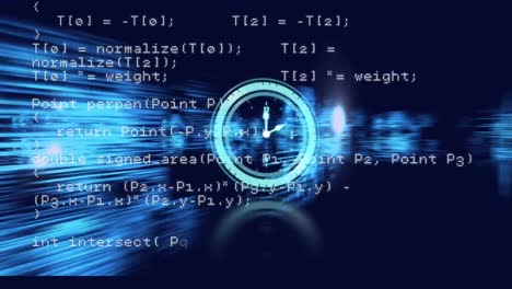 Animation-of-clock-and-data-processing-on-blue-background