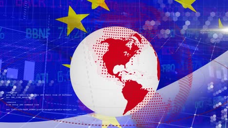 Animation-of-data-processing-and-globe-over-flag-of-eu-and-stock-market