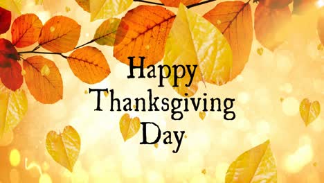 Animation-of-happy-thanksgiving-day-text-over-autumn-leaves-on-yellow-background