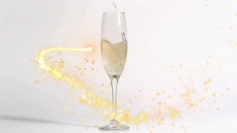 Animation-of-light-trail-over-glass-of-champagne-on-white-background