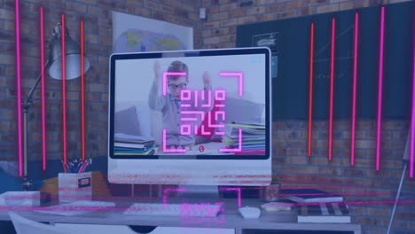 Animation-of-neon-qr-code-and-lines-over-caucasian-schoolboy-on-computer-screen