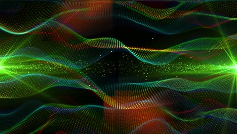 Animation-of-green-lights-and-particles-over-3d-mesh-spirals-floating-on-black-background
