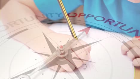 Animation-Eines-Kompasses,-Der-Sich-über-Einen-Kaukasischen-Schuljungen-Bewegt,-Der-In-Einem-Notizbuch-Zeichnet