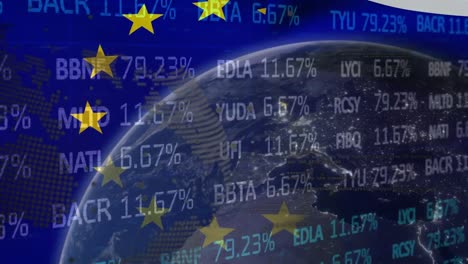 Animation-of-data-processing-and-globe-over-flag-of-eu-and-stock-market