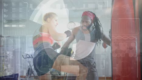 Animation-of-data-processing-over-caucasian-female-boxer-with-african-american-coach-at-gym