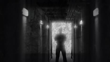 Animation-of-damaged-black-and-white-film-of-trees-over-figure-backlit-in-doorway-of-dark-corridor