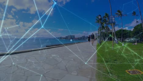 Animation-of-network-of-connections-over-asian-man-running-on-promenade