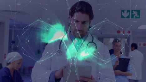Animation-of-globe-of-connections-and-light-trails-over-diverse-doctors