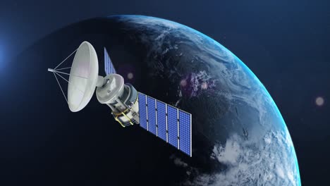 Animation-Eines-Satelliten-über-Dem-Globus,-Der-Sich-Auf-Blauem-Hintergrund-Dreht